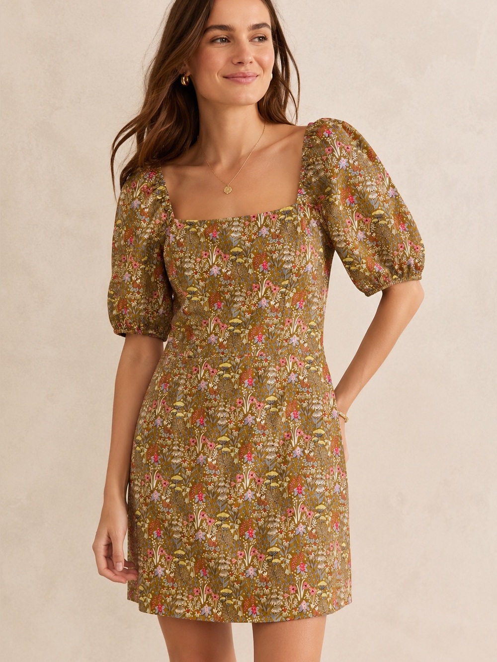 Boden Olive Floral Mini Dress with Pink & Blue Accents